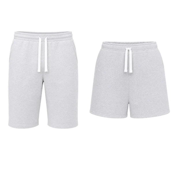 Shorts i herre- og damemodell side om side, med målene A livvidde, B lengde, C benåpning og D hofte